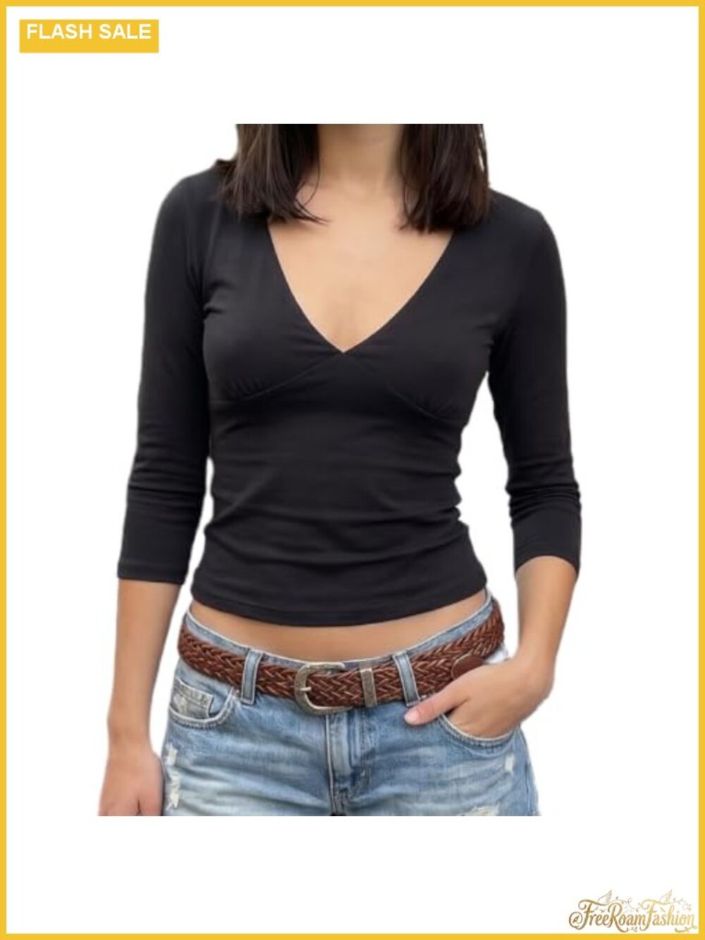 Women's 3/4 Sleeve Deep V-Neck Crop Top Wrap Slim Fit Cotton Tee